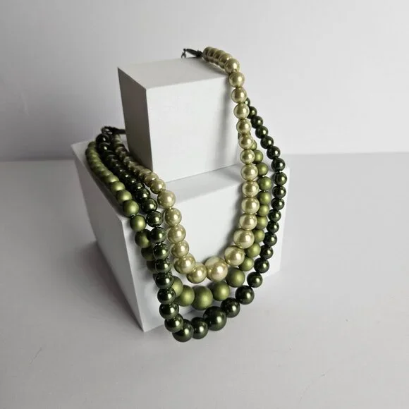 Vintage Olive Green Ombre Faux Pearl Necklace & Clip-On Earrings Set – 17" - Picture 8 of 16
